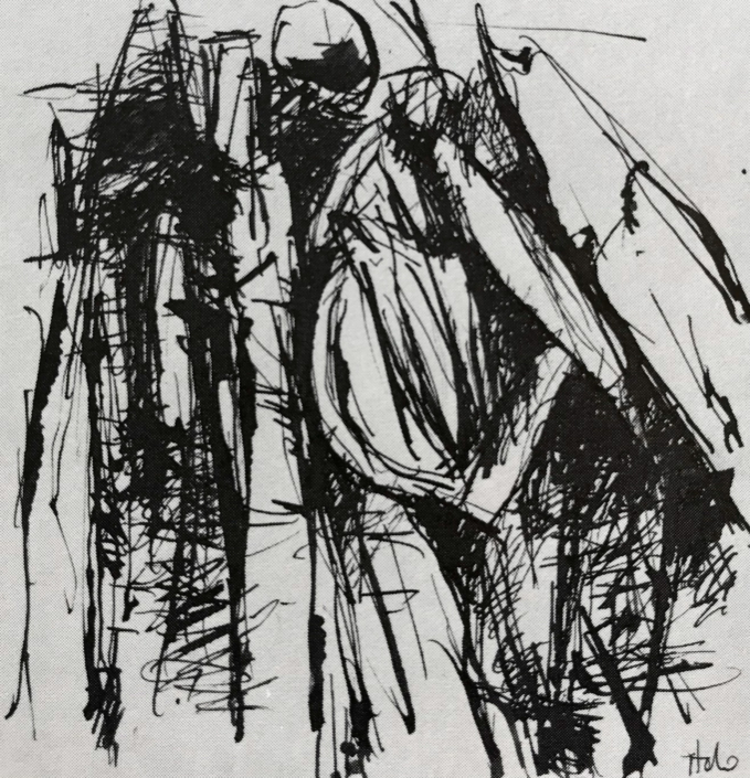 Italo Chiodi, Totemico, 1992, disegno, china su carta, 20x20 cm