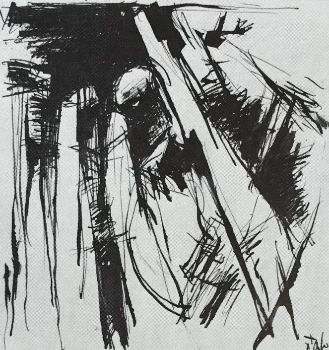 Italo Chiodi, Totemico, 1992, disegno, china su carta, 20x20 cm